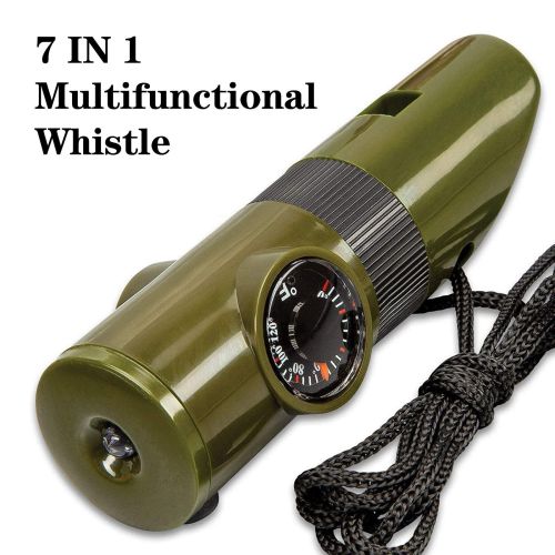 ABS 7-in-1 Multifunctional Survival Whistle – LED Light, Compass, Thermometer, Magnifying Glass & Mirror for Camping and Hiking