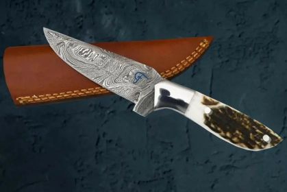 Damascus Steel Outdoor Knife – Antler Handle by Faneema Cutlery