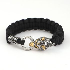 Norse Viking Mythology Stainless Steel Paracord Wolf Head Bracelet (Color: Picture color, size: 21CM)